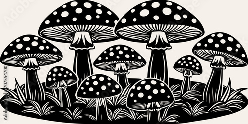 A collection of realistic Amanita muscaria mushrooms growing in a natural forest setting. The mushrooms have bright red caps with distinctive white spots and thick white stems. Some are fully grown wh