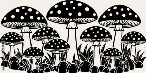 A collection of realistic Amanita muscaria mushrooms growing in a natural forest setting. The mushrooms have bright red caps with distinctive white spots and thick white stems. Some are fully grown wh