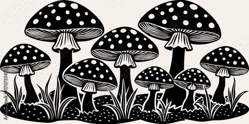 A collection of realistic Amanita muscaria mushrooms growing in a natural forest setting. The mushrooms have bright red caps with distinctive white spots and thick white stems. Some are fully grown wh