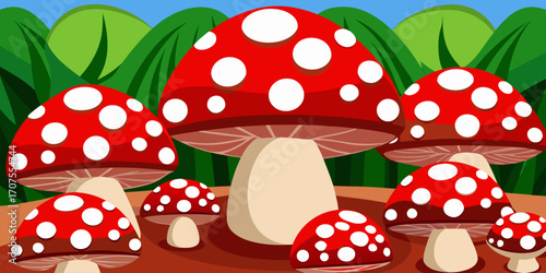 A collection of realistic Amanita muscaria mushrooms growing in a natural forest setting. The mushrooms have bright red caps with distinctive white spots and thick white stems. Some are fully grown wh