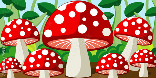 A collection of realistic Amanita muscaria mushrooms growing in a natural forest setting. The mushrooms have bright red caps with distinctive white spots and thick white stems. Some are fully grown wh