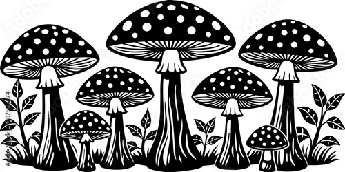 A collection of realistic Amanita muscaria mushrooms growing in a natural forest setting. The mushrooms have bright red caps with distinctive white spots and thick white stems. Some are fully grown wh