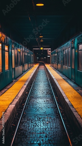 Empty subway platform at night, dark tunnel, yellow accents