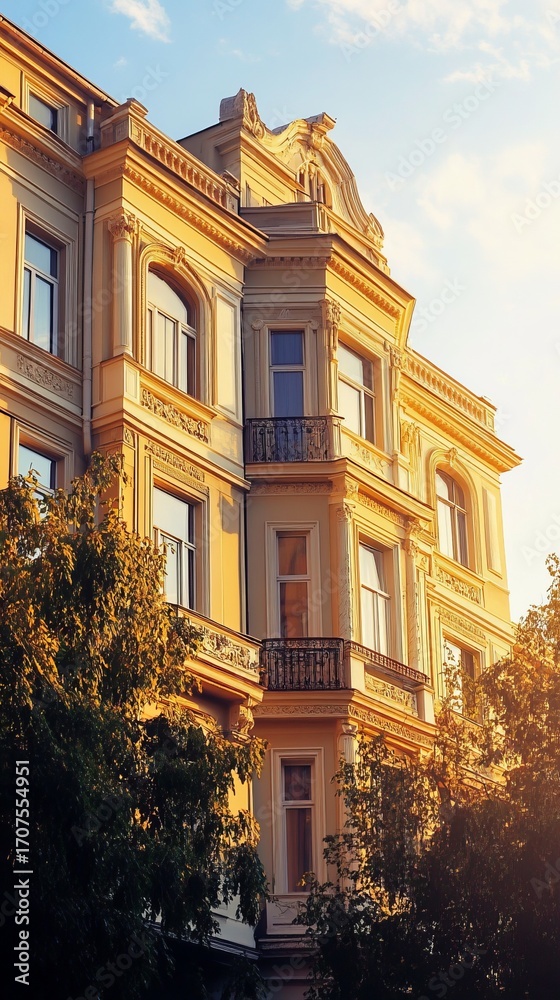Fototapeta premium Golden-toned historic building facade at sunset, trees below