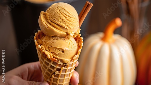Delicious double scoop pumpkin spice ice cream cone held in hand with autumn decorations in background