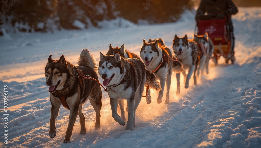 Naklejka premium Sled dogs running through a snowy landscape at twilight, showcasing their strength and teamwork