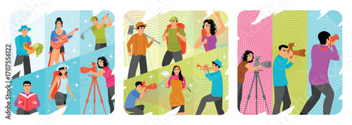 Various Hobbies and Activities. Creative Arts Activities. Photographers Using Various Cameras.