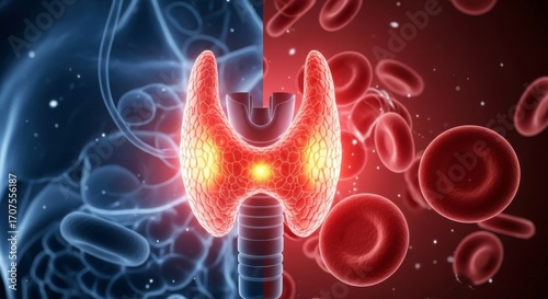 Thyroid gland illustration with blood cells and digestive system elements