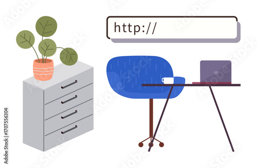 Modern workspace setup with table, chair, laptop, coffee cup, drawer cabinet, houseplant, and browser URL bar. Ideal for productivity, remote work office planning tech study minimalism simple