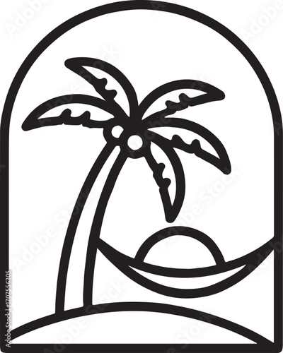 Palm tree in sunset frame outline art, tropical decorative vector design for scenic layouts.