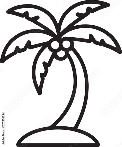 Palm tree with coconuts outline art, tropical decorative vector design for beach and holiday themes.