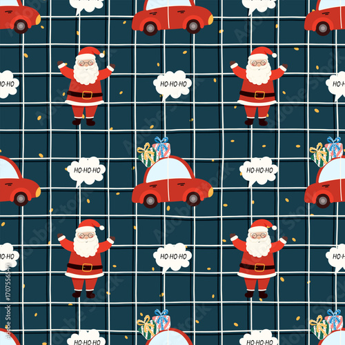 Vector Seamless Christmas pattern with Santa Claus, decorated trees, and festive cars. Perfect for wrapping paper, textiles, wallpapers, and holiday projects