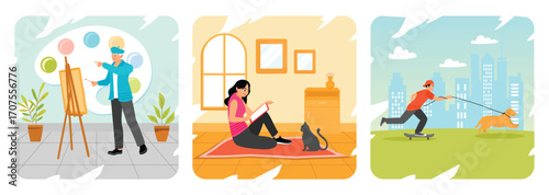 Artist Sketching on Canvas. Woman Reading Book. Man Skateboarding While Walking His Dog.