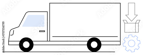 Delivery truck alongside a downloading arrow, box, and gear symbolizing transportation, logistics, automation, supply chain, shipping, distribution and technology. Ideal for delivery logistics
