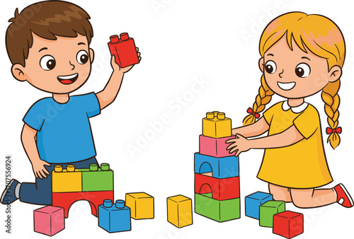 Happy kids playing with colorful building blocks, fun indoor activity for children, creative learning and teamwork with boy and girl