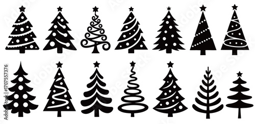 Collection of stylized black Christmas trees with stars, perfect for festive designs and winter holiday celebrations