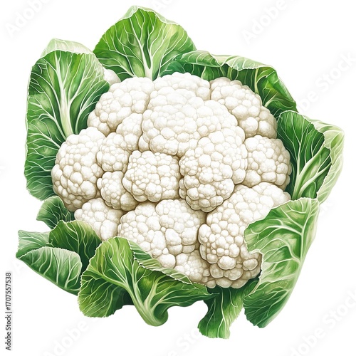 Fresh Whole Cauliflower Head with Green Foliage Isolated Healthy Organic Vegetable Produce