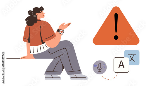 Woman gesturing while sitting, orange warning sign, language translation blocks, microphone icon. Ideal for communication, warnings, translation, AI, education accessibility multilingual awareness