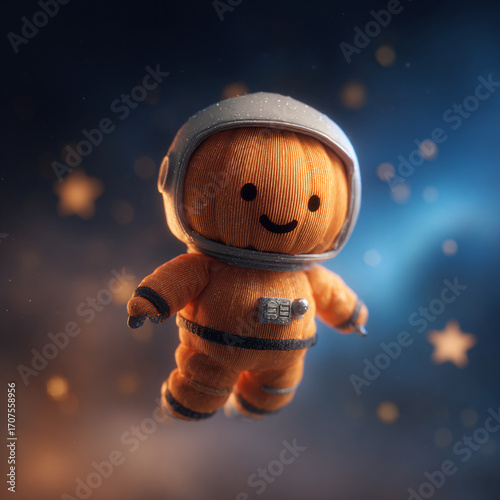 Adorable plush astronaut floating in starry space, whimsical childhood dreams, exploration, and wonder concept.