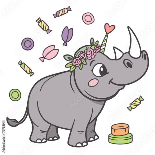 SVG art: A Curious Rhino in a Birthday vibe with with a flower crown, tinted with Candy Shop tones