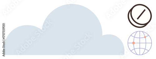Large cloud, analog clock, globe with pinpoint emphasizing global reach and punctuality. Ideal for cloud computing, time management, global services, technology, remote work, scheduling simple flat