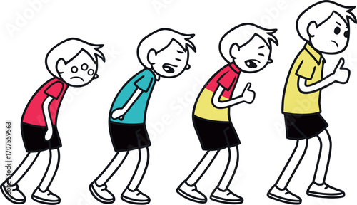 sticky Boy's emotional journey from sadness to confidence shown in progressive stages