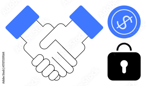 Two hands shaking symbolizing agreement, paired with a dollar sign and lock icon representing financial trust, security, and partnership. Ideal for cooperation, business trust, finance, protection