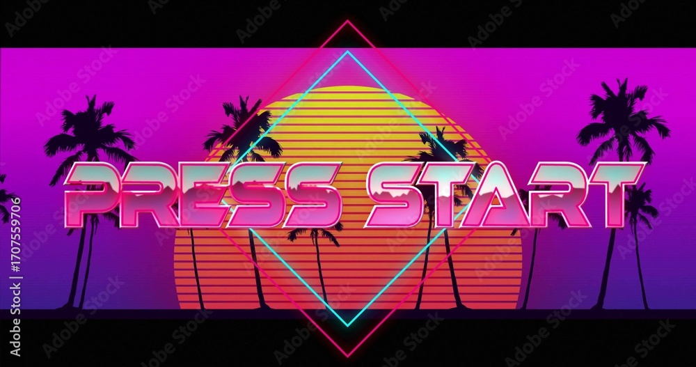 Naklejka premium Shining neon Press Start text on retro arcade screen, featuring glowing diamond and palm trees
