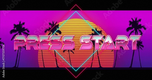 Shining neon Press Start text on retro arcade screen, featuring glowing diamond and palm trees