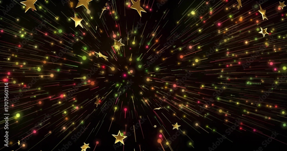 Fototapeta premium Radiating golden star shapes and multicolored light particles in black space, with light streaks
