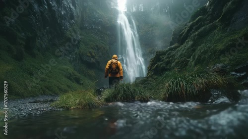Adventurer in Yellow Raincoat Facing Majestic Waterfall in Wilderness