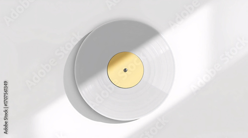 A white vinyl record with soft shadows in a minimalist, clean studio setting.