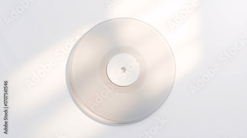 A white vinyl record with soft shadows in a minimalist, clean studio setting.