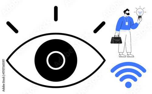 Large open eye symbolizes vision with businessman holding glowing lightbulb for innovation, wireless icon for connectivity. Ideal for technology, creativity, networking, insight, communication