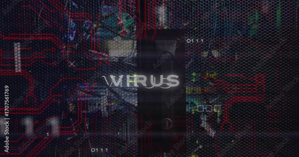 Fototapeta premium Displaying mesh cabinet door revealing internal cables in data center with glowing VIRUS overlay