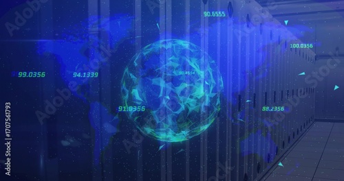 Floating holographic globe in data center corridor with cabinets, numeric overlays and world map