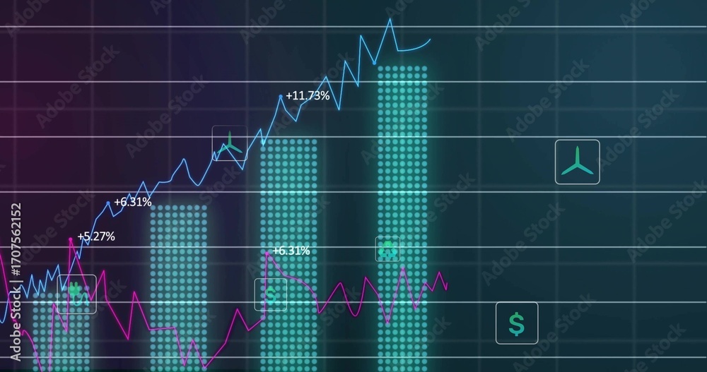 Obraz premium Chart trending upward on grid, featuring blue magenta lines, labeling bars dollar and turbine icons