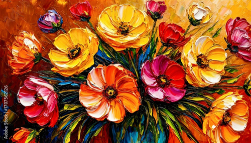 Vibrant impasto painting depicting an array of bold, colorful flowers against a textured, golden background. The flowers showcase shades of orange, yellow, red, pink, and purple with thick, textured b