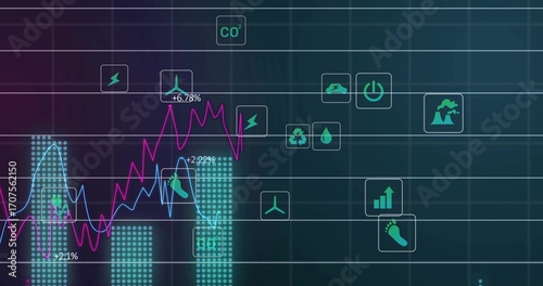 Displaying dashboard showing magenta-light-blue graphs, teal bars with % labels on grid, with icons