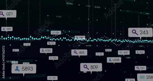 Floating numeric labels hovering over data UI with search, user, envelope icons and turquoise graph
