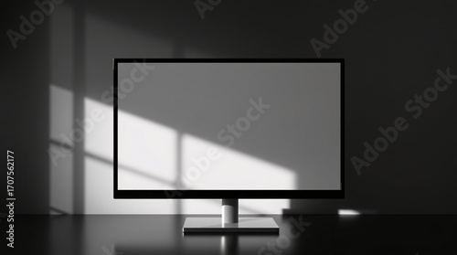 A sleek, modern computer monitor with a blank screen on a clean, white desk.