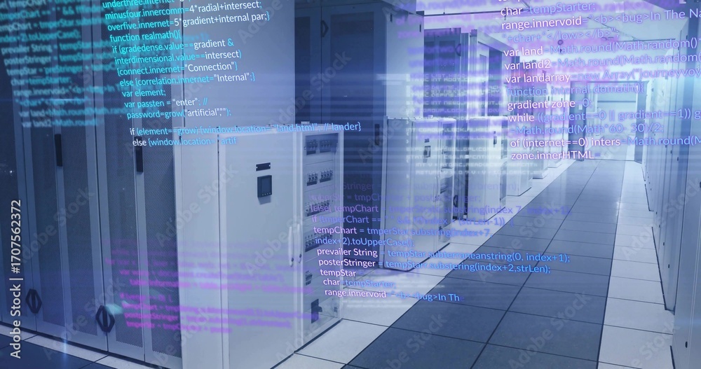 Fototapeta premium Data center corridor containing server cabinets with cable trays and holographic code overlays
