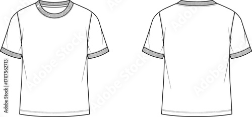Blank white ringer t-shirt template front and back, unisex casual tee mockup, apparel design, fashion illustration, isolated vector