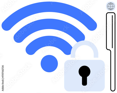 wireless signal with a padlock illustrating secure network access and privacy. Ideal for cybersecurity, privacy protection, communication, technology, data safety, online security, encrypted