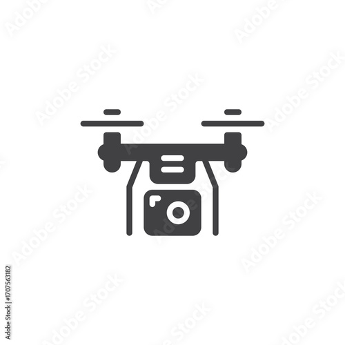 Solid glyph icon of a drone with propellers. This vector icon symbol represents aerial photography, technology, and unmanned flying device sign uses.