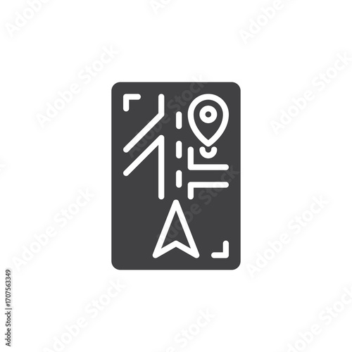 Solid glyph icon of a GPS navigator with location map. This vector icon symbol represents navigation, travel, and technology sign uses in digital mapping devices.