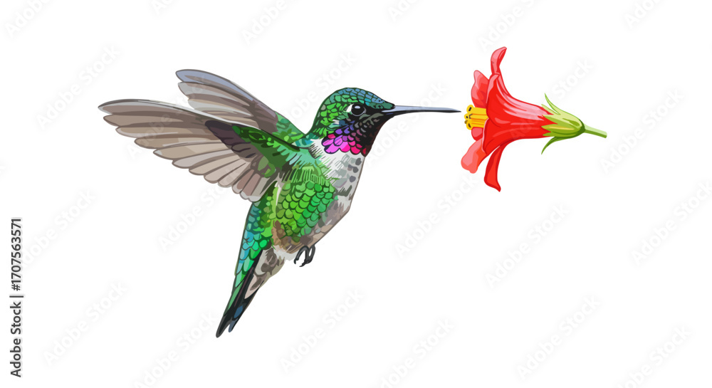 Fototapeta premium Watercolor vector illustration of hummingbird drinking nectar from exotic flower isolated on white background