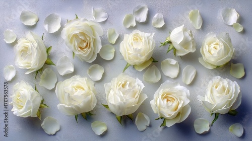 Elegant White Roses and Petals on Soft Background Design