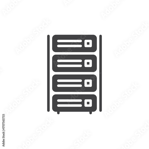 Solid glyph icon of a server rack with stacked units. This vector icon symbol represents data storage, networking, and hosting sign in technology systems.