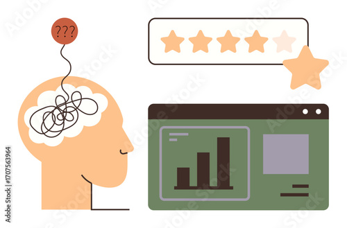 Tangled brain line with question mark, performance chart, and star ratings. Ideal for analysis, mental challenges, decision-making, evaluation, problem-solving feedback productivity. Simple flat